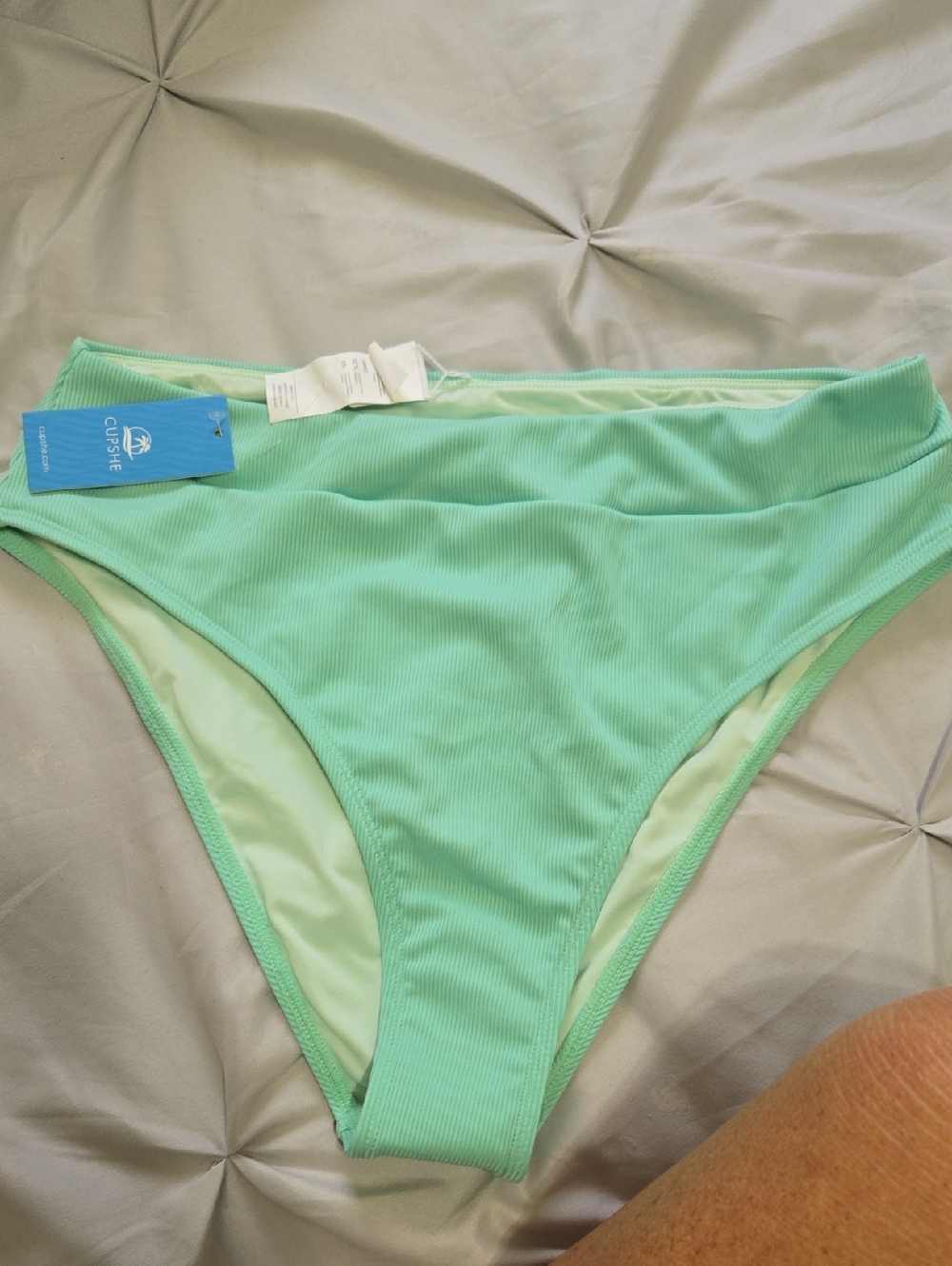 Cupshe Ribbed High-Waist Bikini Bottom - Mint Large